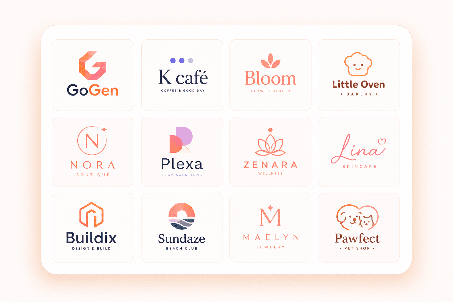ตัวอย่างบอร์ดรวมโลโก้หลายสไตล์จาก AI Logo Maker